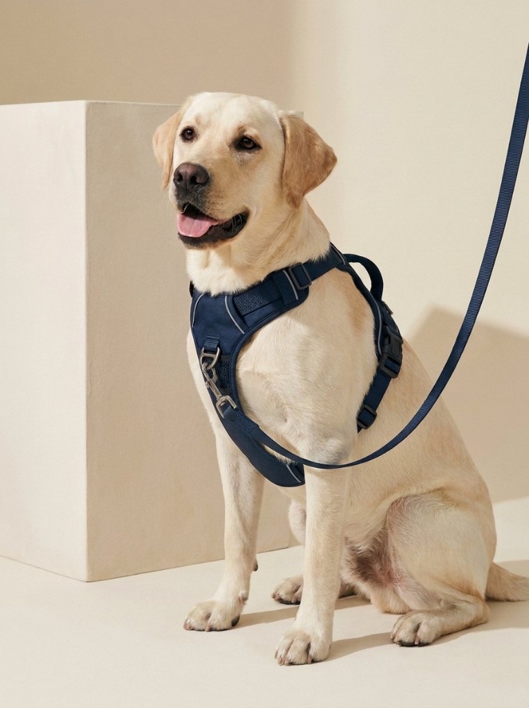 Dog wearing a midnight navy WITHERS no-pull harness